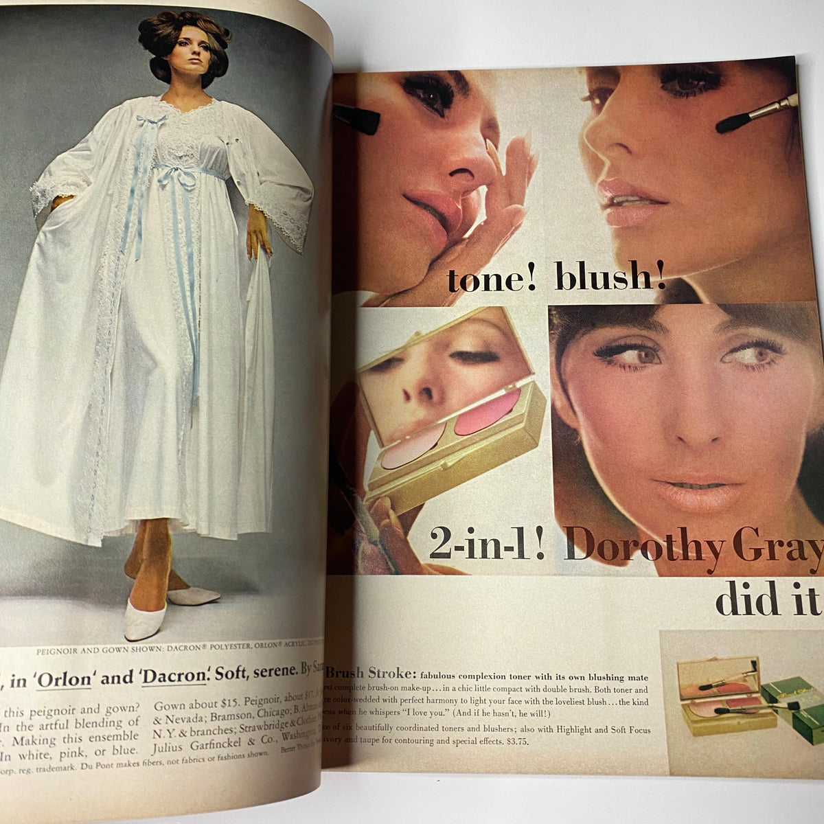 Beauty and makeup advertisement featuring calming tones and blush options from Dorothy Gray in Vogue Magazine October 1, 1965, emphasizing feminine elegance.