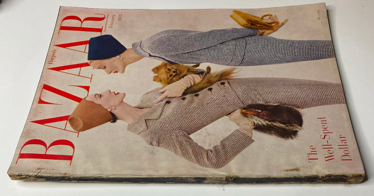 Another view of the cover of Harper's Bazaar Magazine February 1955, highlighting the vintage fashion of models Dovima and Sunny Harnett, with the tagline 'The Well-Spent Dollar.'
