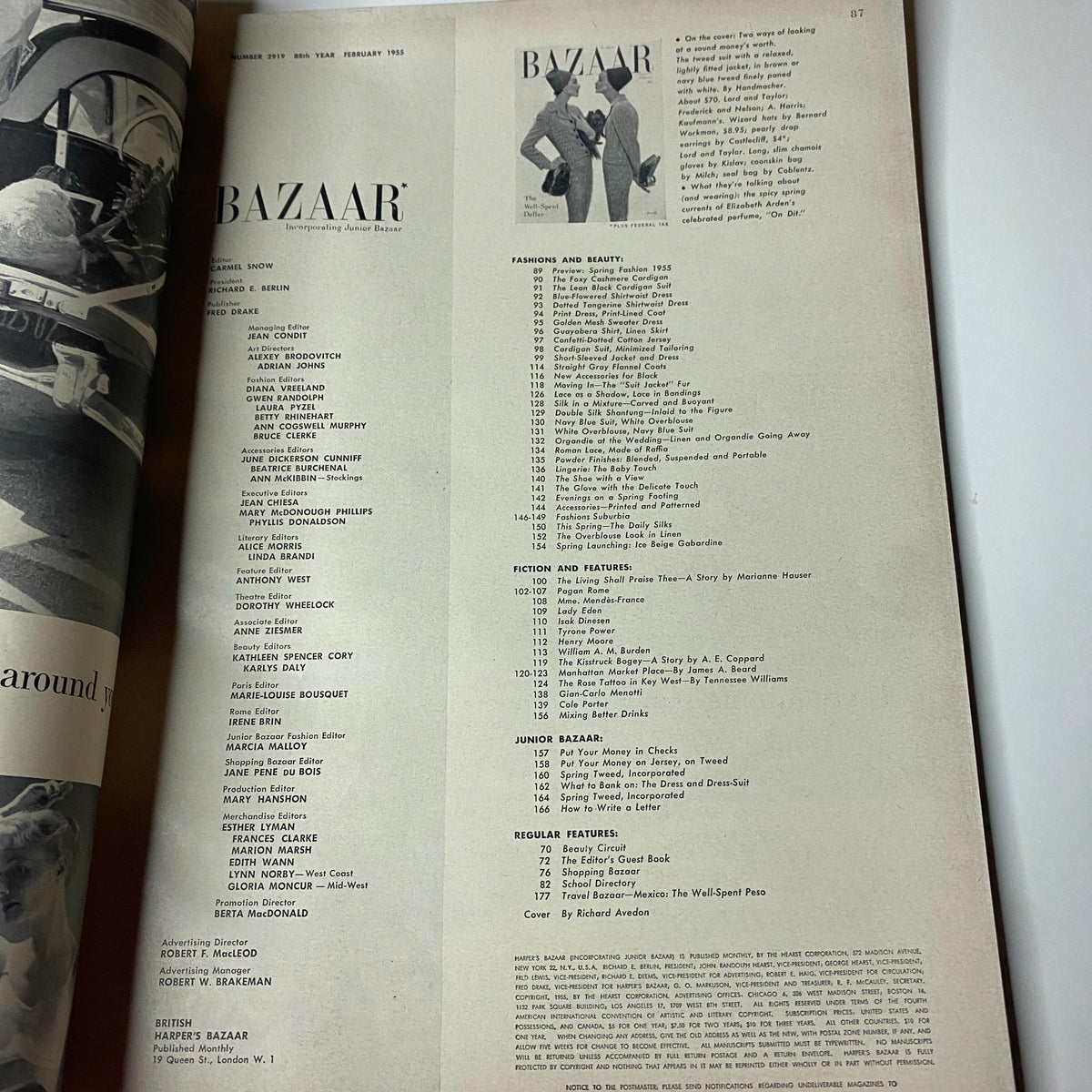Table of contents from Harper's Bazaar Magazine February 1955, featuring Fashions and Beauty, Fiction and Features, Junior Bazaar, and Regular Features.