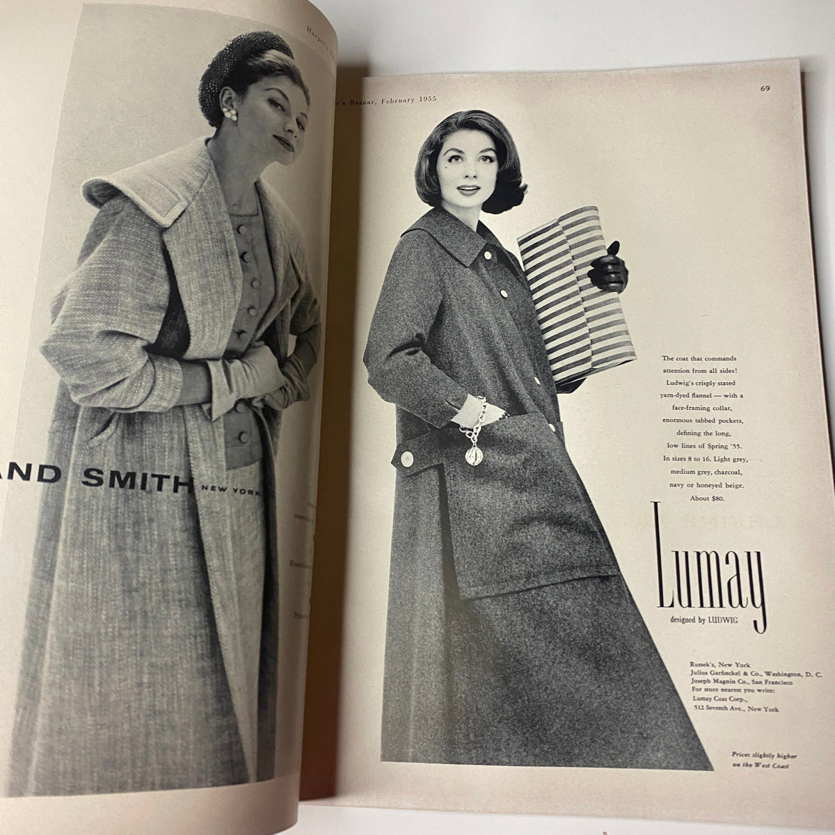 Fashion editorial page from Harper's Bazaar Magazine February 1955, showcasing elegant clothing designs by Lumanay modeled by two women.