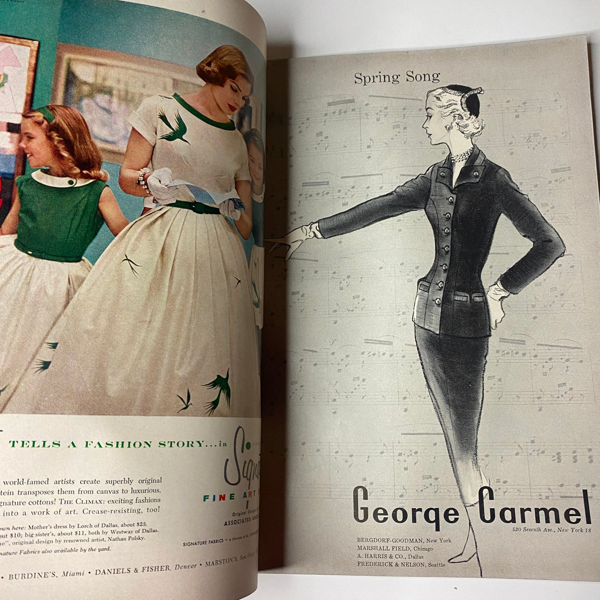 Fashion advertisement page from Harper's Bazaar Magazine February 1955, featuring a dress design by George Carmel with musical notes background.