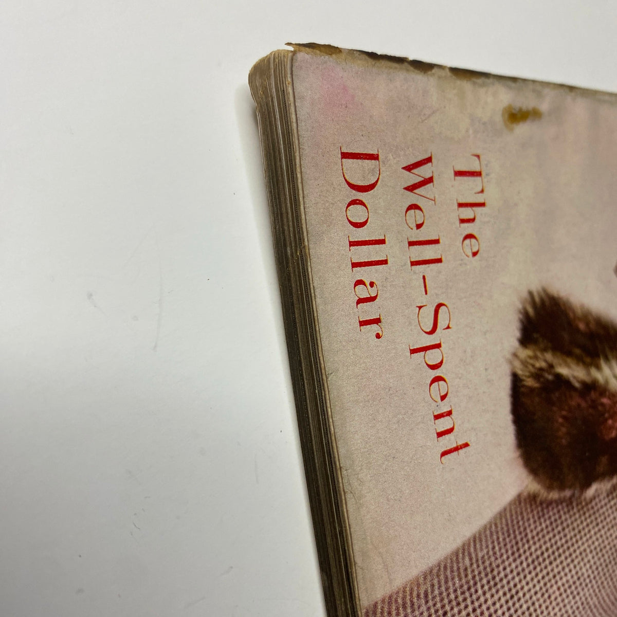 Condition detail of Harper's Bazaar Magazine February 1955, focusing on the edge of the magazine showing wear and discoloration.