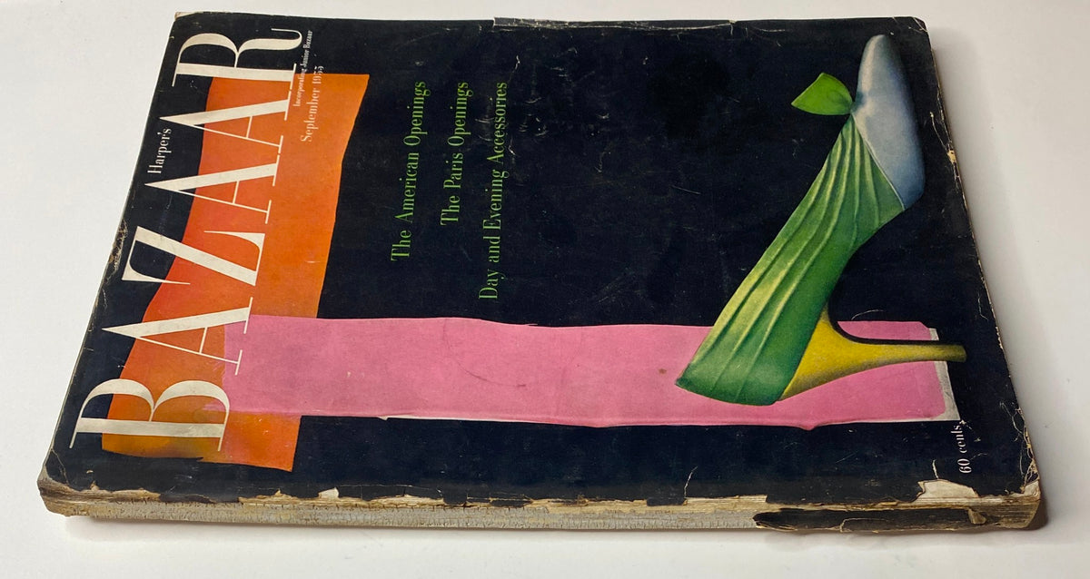 Alternate view of the Harper's Bazaar Magazine September 1955 cover featuring The American Openings, The Paris Openings, and Day and Evening Accessories, highlighting a green and white shoe design.