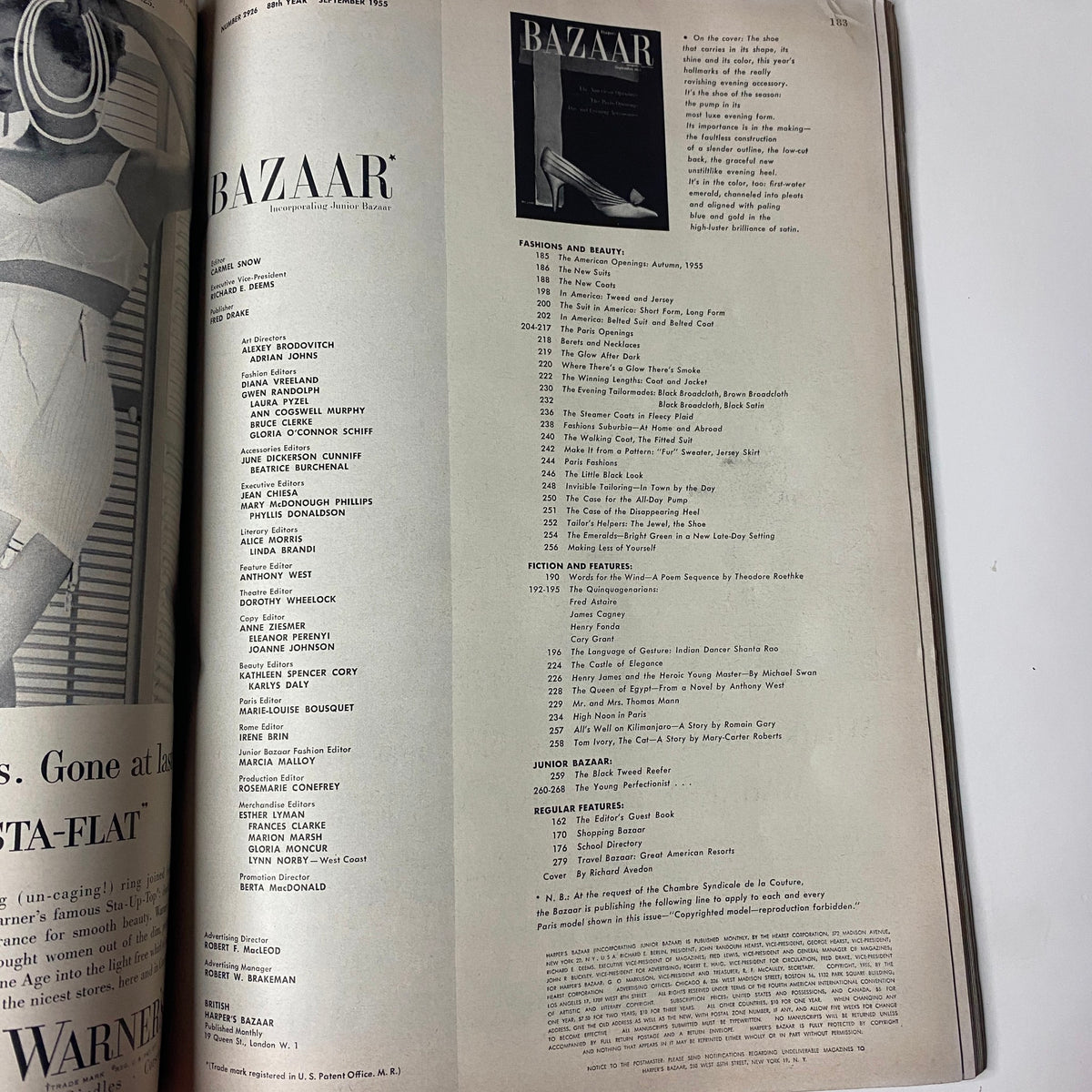 Table of contents page from Harper's Bazaar Magazine September 1955, detailing feature articles and fashion sections, including 'The American Openings' and 'The Little Black Look'.