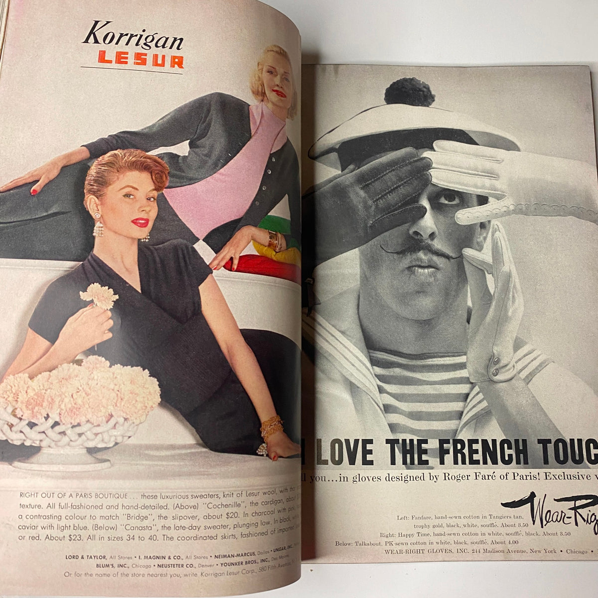 Advertisement spread featuring fashion from Korrigan Lesur in Harper's Bazaar Magazine September 1955, highlighting haute couture and modern styles aligned with 'The American, Paris Openings'.