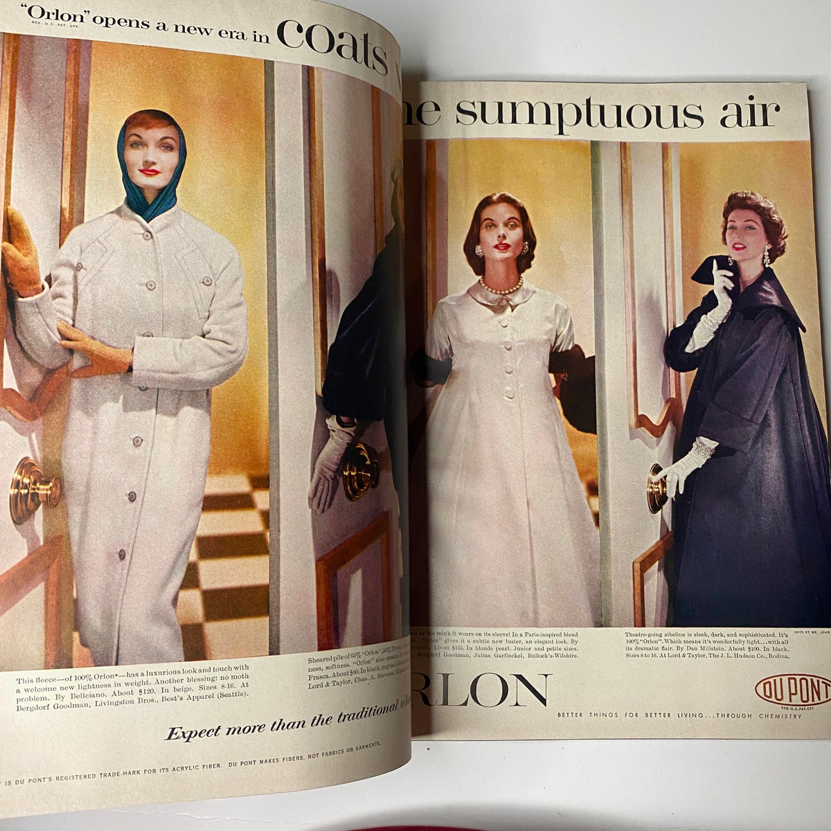 Fashion spread in Harper's Bazaar Magazine September 1955 showcasing elegant coats introduced by Orlon, featuring models illustrating the stylish trends for autumn in 'The American, Paris Openings'.