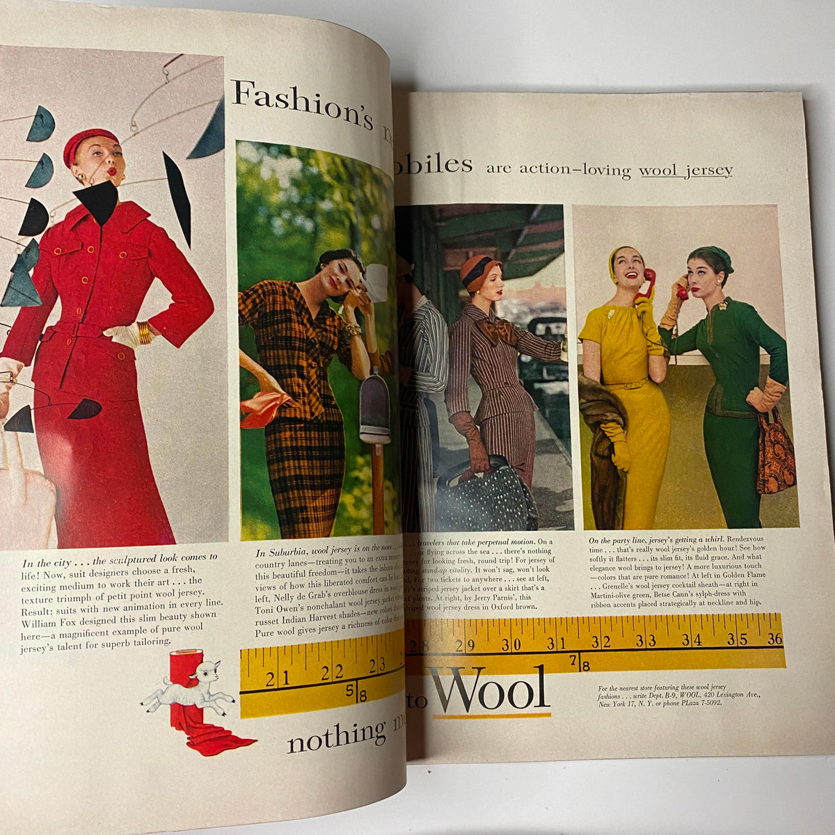 Stylish ensemble presentation in Harper's Bazaar Magazine September 1955, featuring wool jersey and fashionable red coat, representing the latest trends under 'The American, Paris Openings'.