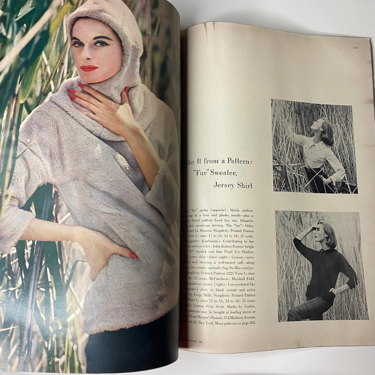 Harper's Bazaar Magazine September 1955 featuring a 'Fur Sweater' and 'Jersey Shirt' model photo spread inside the magazine.