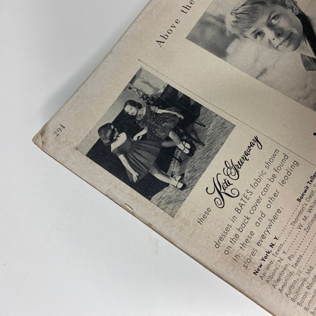 An interior page of Harper's Bazaar Magazine September 1955 displaying fashion images and details of children's dresses featuring vibrant designs.