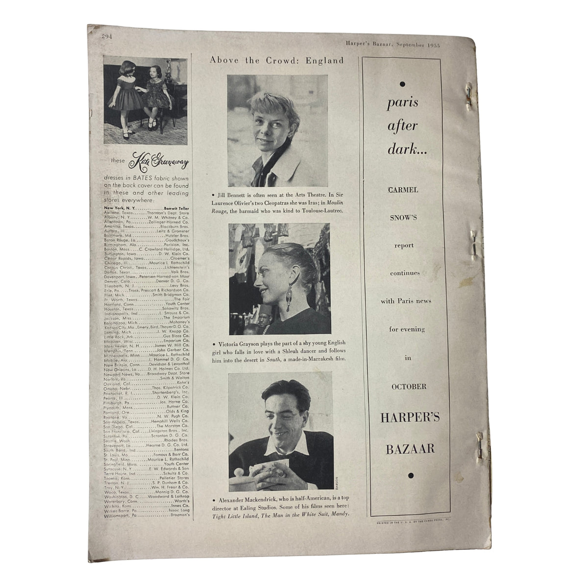 An interior page of Harper's Bazaar Magazine September 1955 highlighting 'Above the Crowd: England' with photos and text discussing Paris events and fashion.