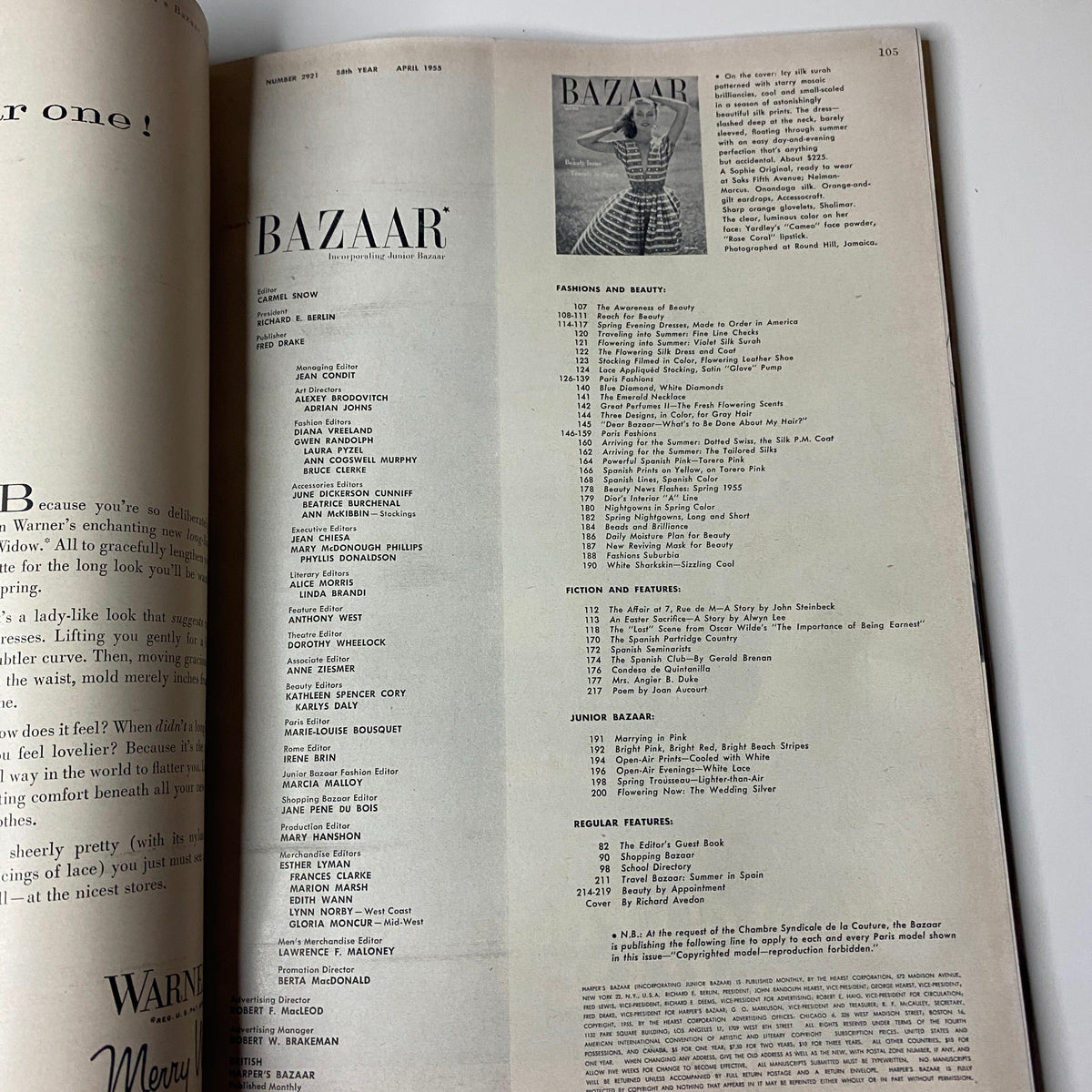 Table of Contents from Harper's Bazaar Magazine April 1955 featuring fashion and beauty sections alongside fiction and features, showcasing Richard Avedon's cover.