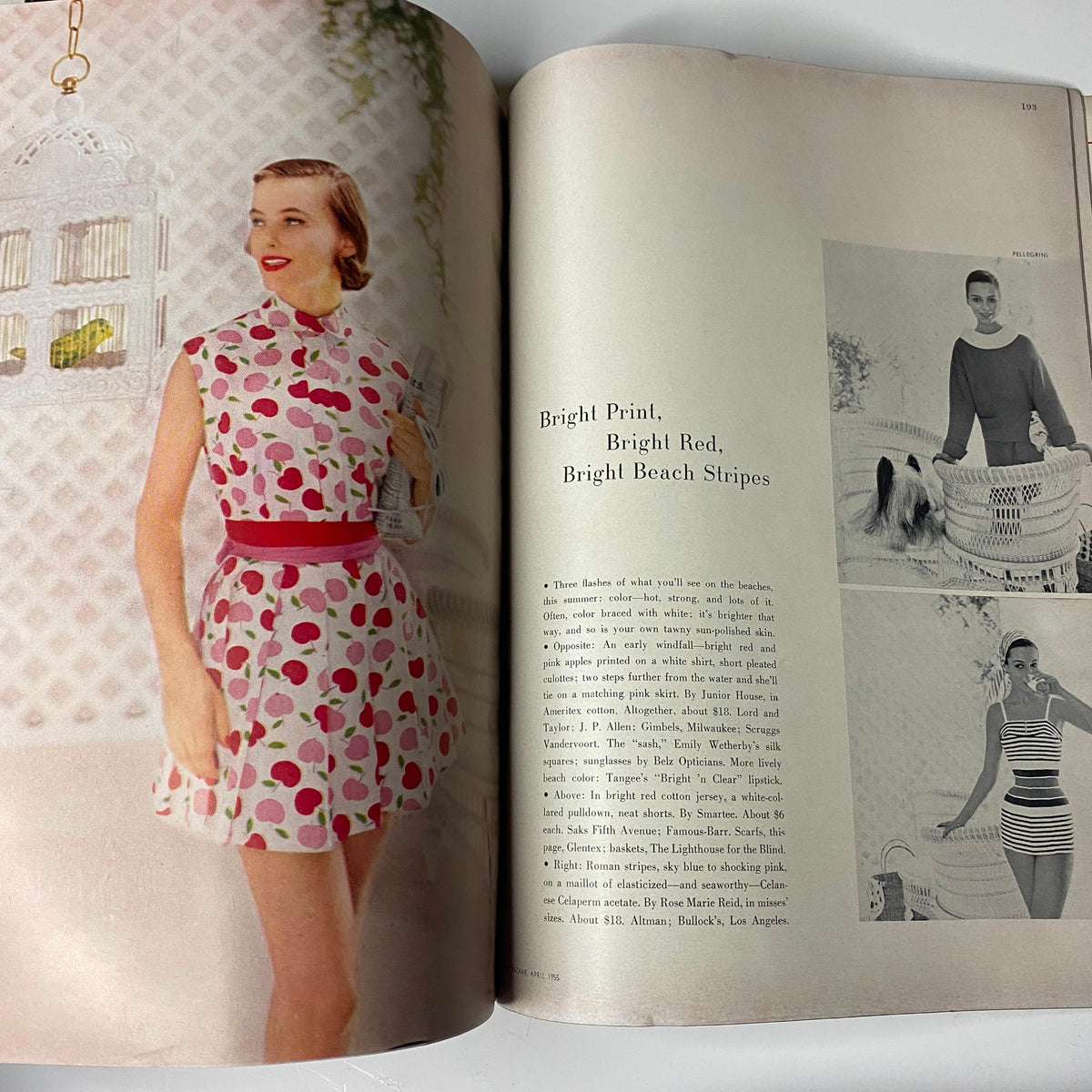 Spring fashion editorial featuring colorful prints and striped beachwear, presenting vibrant styles in Harper's Bazaar Magazine April 1955.