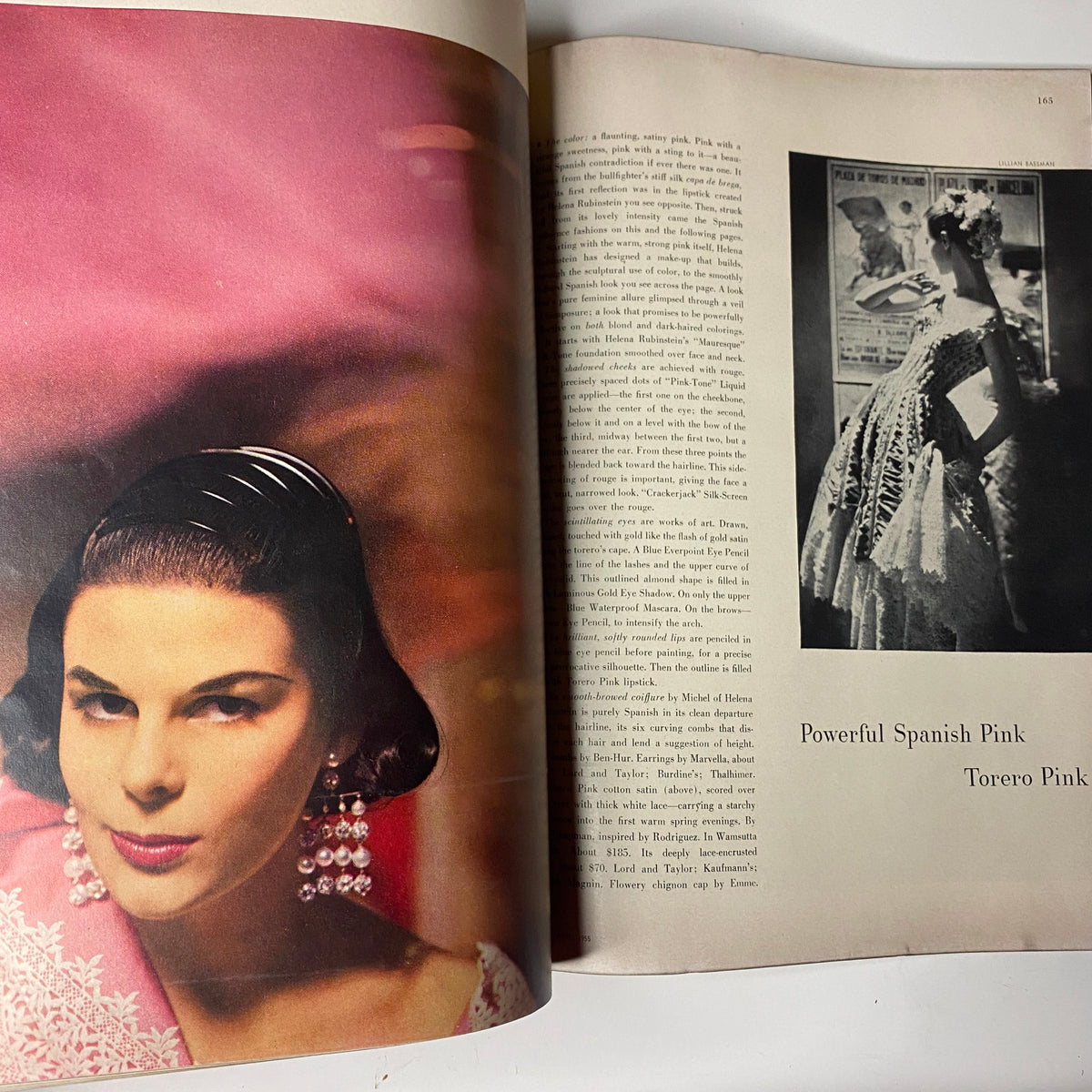 Artistic photograph of a model in powerful Spanish pink, showcasing elegance and sophistication in fashion from Harper's Bazaar Magazine April 1955.