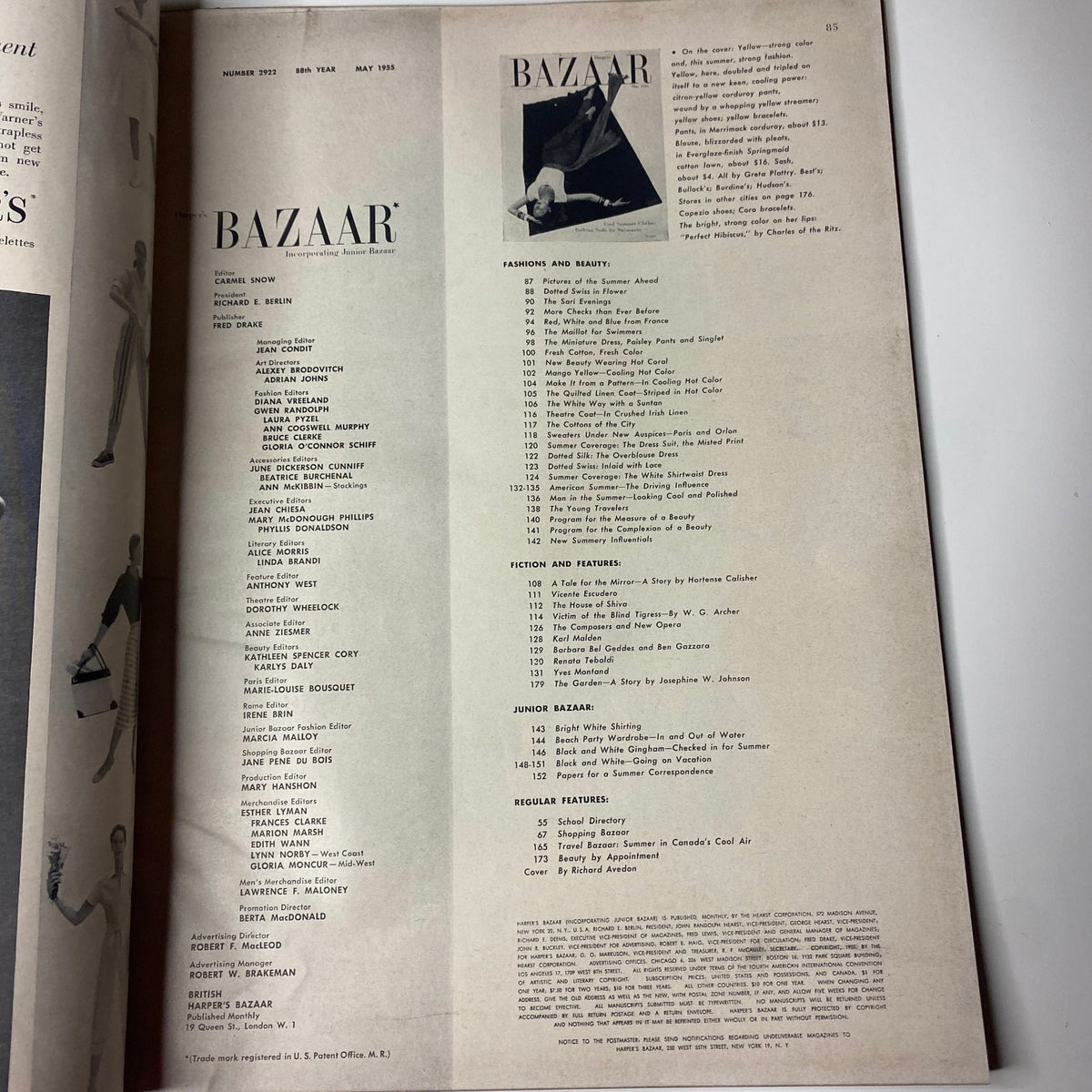 Table of contents from Harper's Bazaar Magazine May 1955, highlighting features on summer fashion, beauty, and fiction, emphasizing the stylish content within.