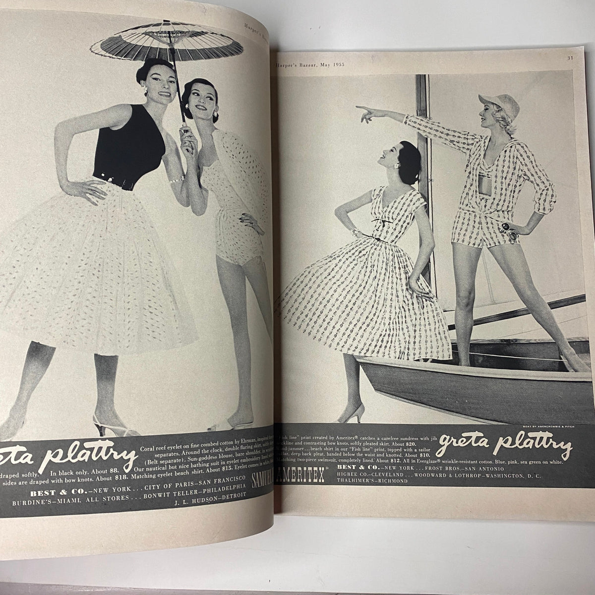 Two models in striking dotted dresses featured in Harper's Bazaar Magazine May 1955, capturing the essence of 1950s fashion and summer trends.