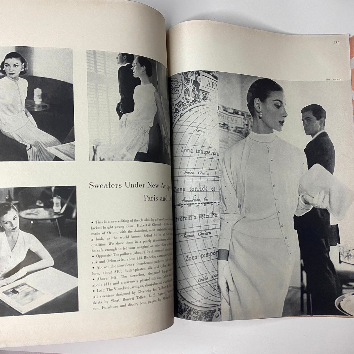 Sweaters Under New Auspices feature in Harper's Bazaar Magazine May 1955, showcasing mid-century fashion with a model in Parisian-inspired attire, photographed by Richard Avedon.