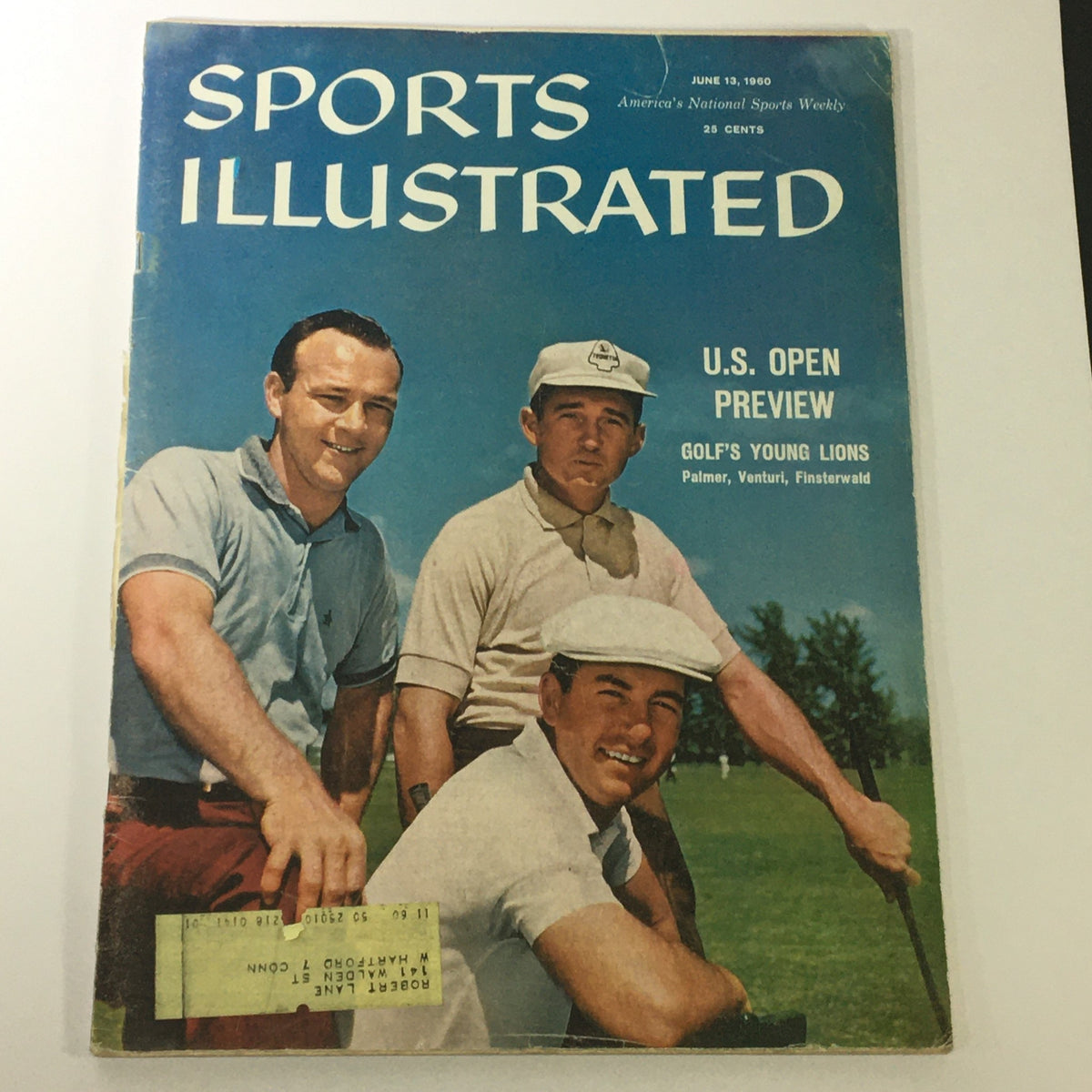 Cover of the vintage Sports Illustrated Magazine from June 13, 1960, featuring golf legends Arnold Palmer, Ken Venturi, and Frank Finsterwald. The magazine highlights a U.S. Open preview and showcases these iconic players from the golden era of golf.