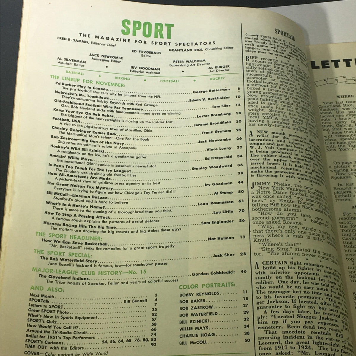 Interior page from VTG Sport Magazine November 1951 featuring the lineup of articles and contributors, including sports coverage and insights from legendary athletes like Bill McColl and Bob Waterfield.