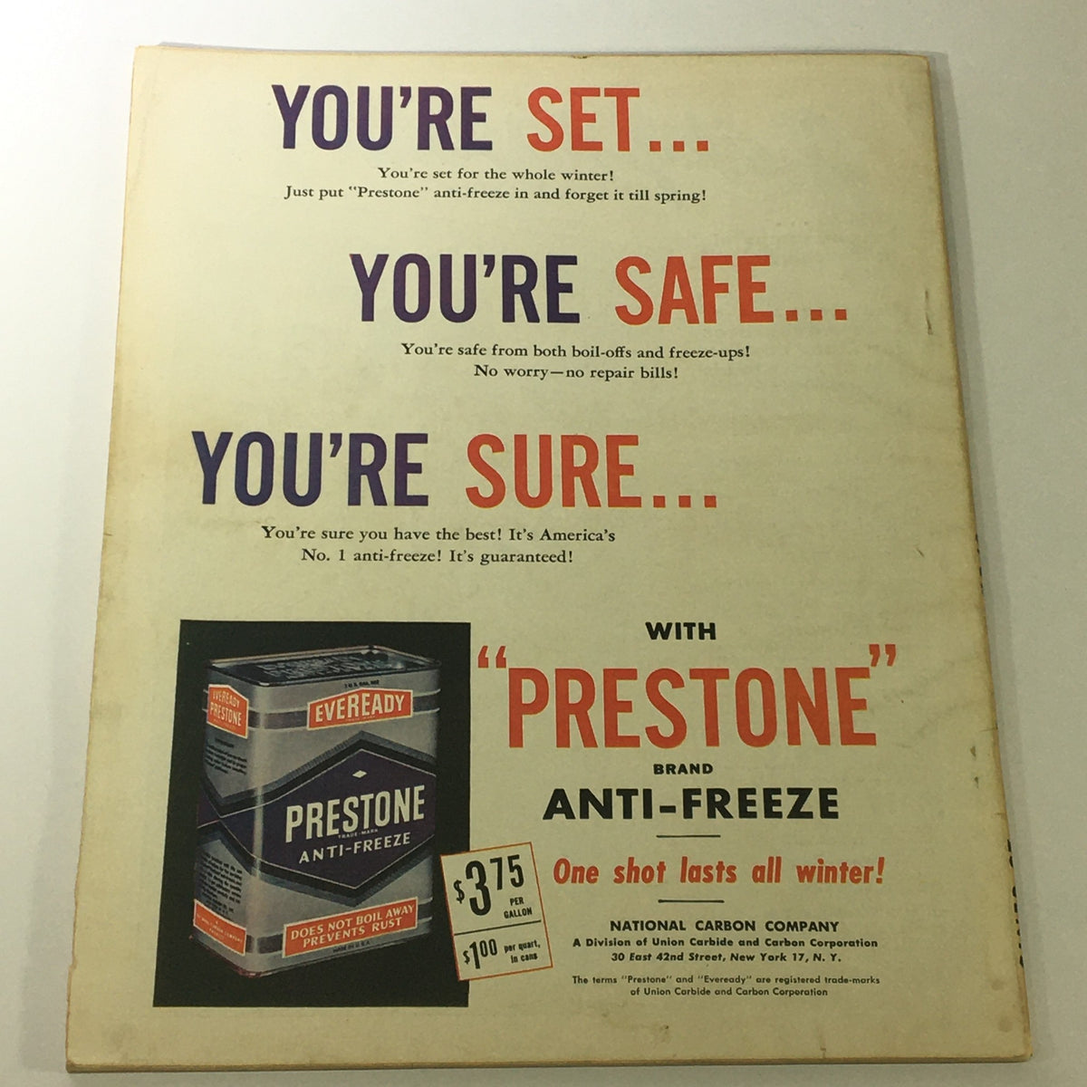Back cover of VTG Sport Magazine November 1951 showcasing an advertisement for Prestone brand anti-freeze, emphasizing winter preparation and reliability in vehicle maintenance.