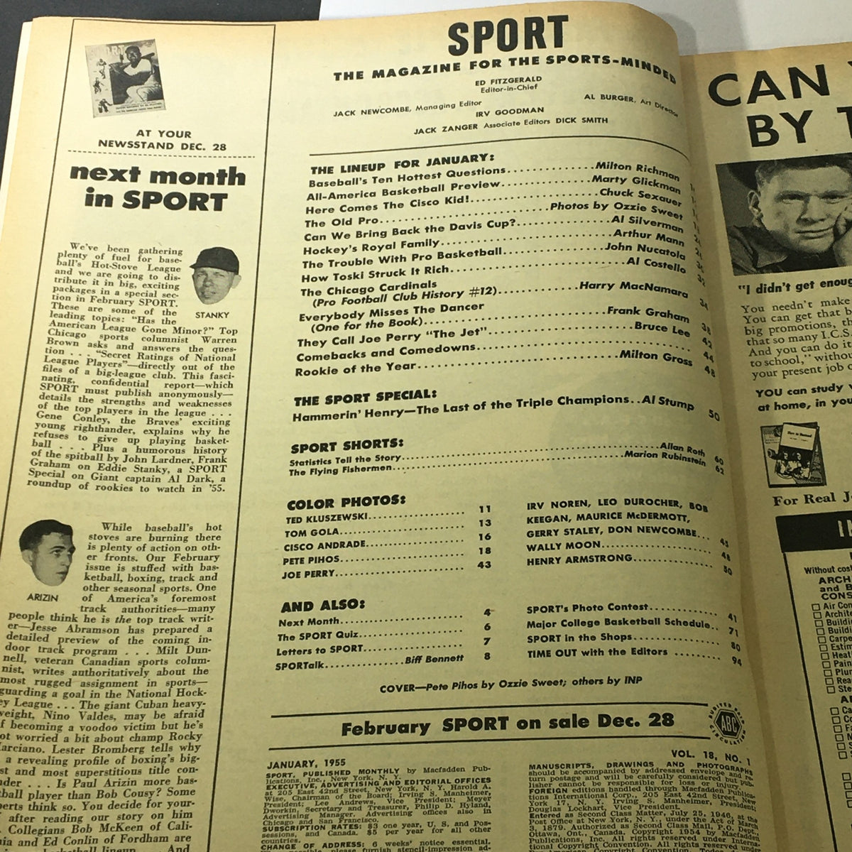 Inside page of VTG Sport Magazine January 1955, showcasing the lineup of articles including features on baseball and basketball and advertisements, providing insights into the sports culture of the 1950s.