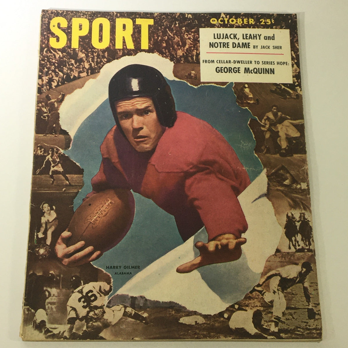 Cover of the VTG Sport Magazine from October 1947 featuring Harry Gilmer from Alabama and George McQuinn, showcasing a vintage sports theme.
