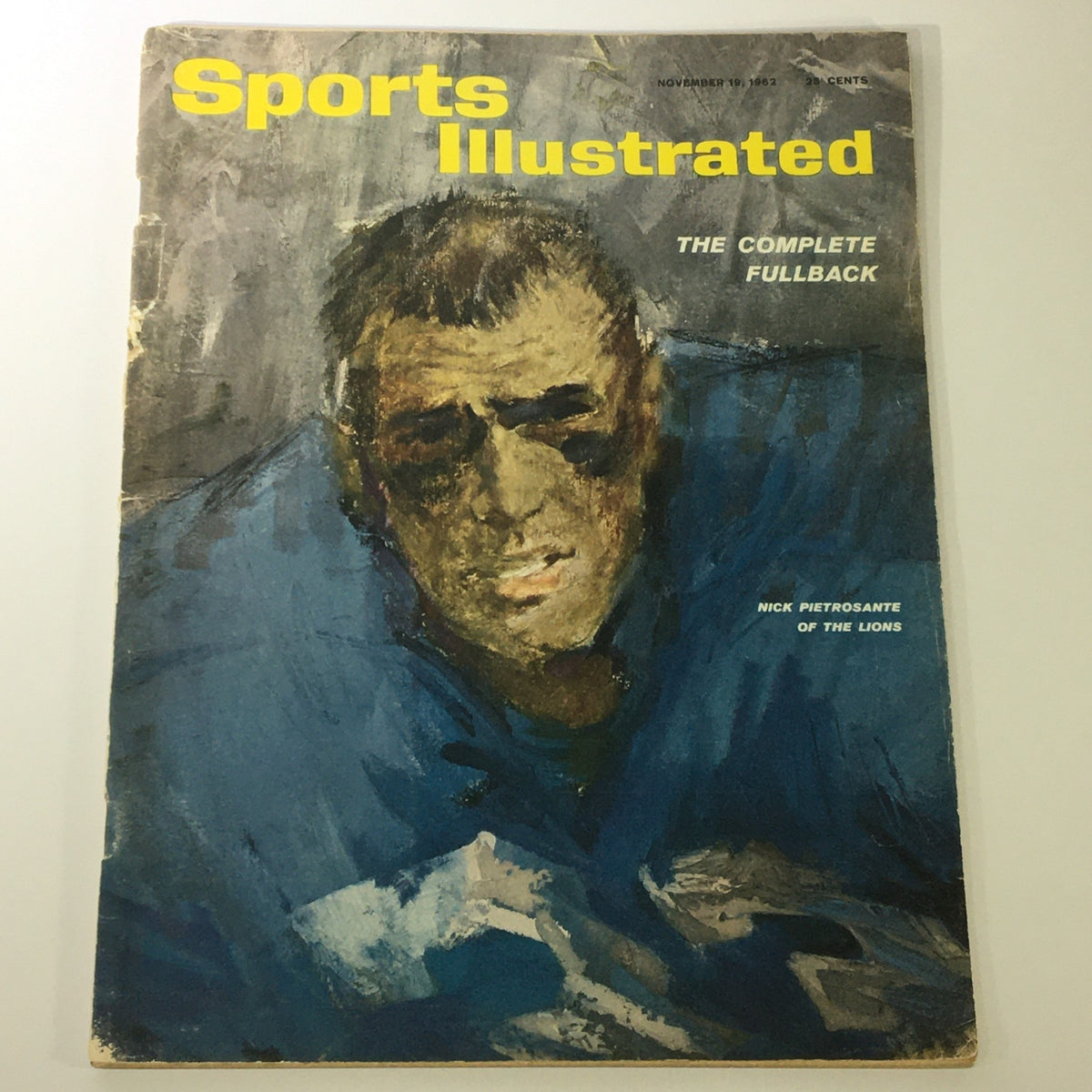 Cover of Sports Illustrated Magazine from November 19, 1962 featuring Nick Pietrosante of the Detroit Lions, showcasing a painted portrait of the athlete.