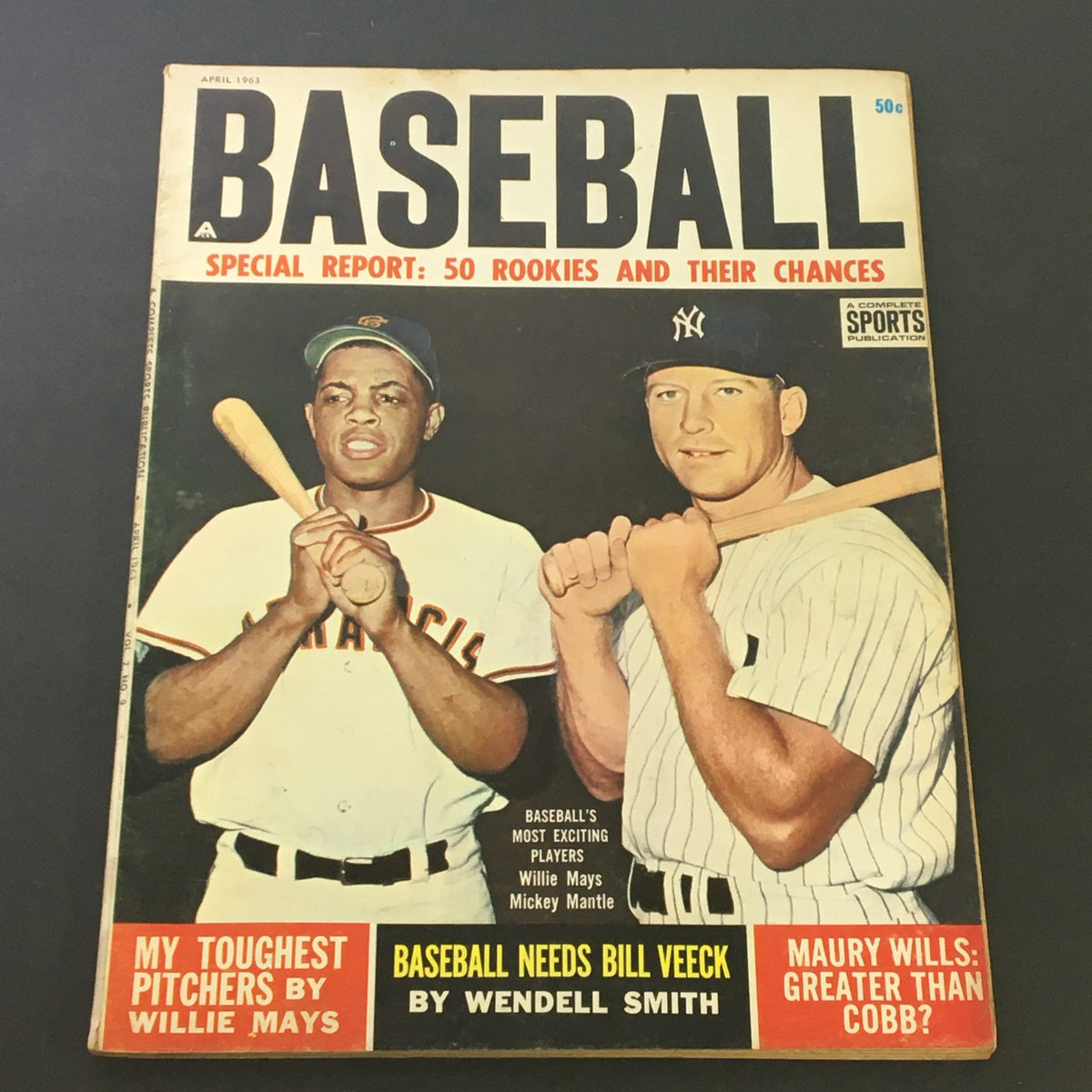 VTG Baseball Magazine April 1963 Vol 2 #9 featuring Willie Mays and Mickey Mantle on the cover, showcasing baseball's most exciting players with a special report on rookies and articles by renowned sports writers.