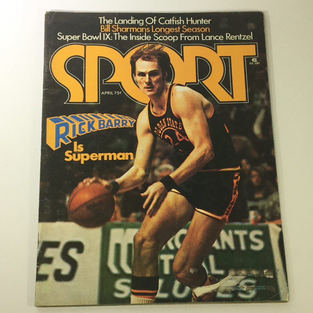 Vintage Sport Magazine cover from April 1975 featuring basketball player Rick Barry with the headline 'Is Superman'. This collectible issue highlights iconic sports culture from the 1970s.