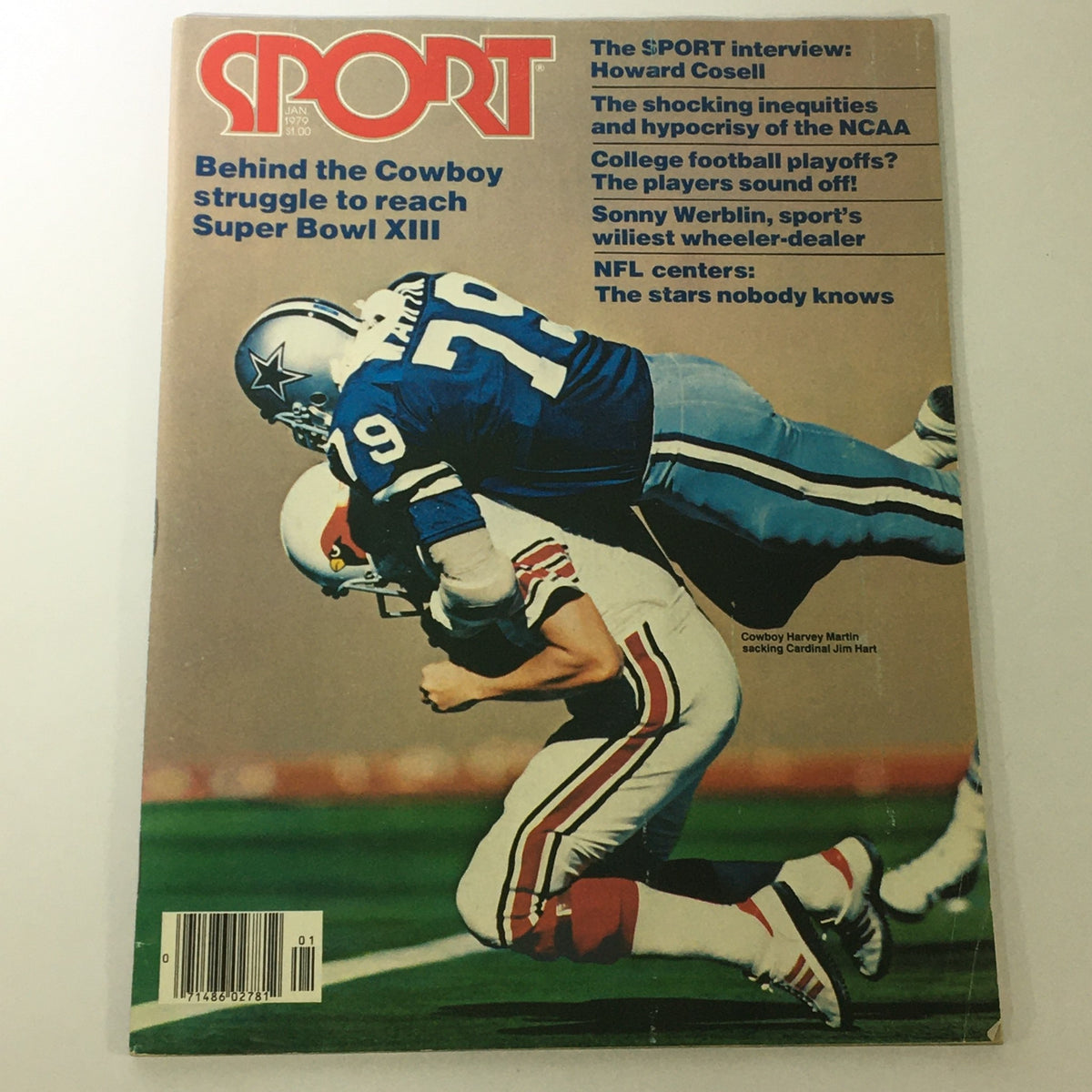 Cover of VTG Sport Magazine January 1979 Vol 68 #1 featuring Cowboy Harvey Martin in action, showcasing a fierce tackle during a football game. The magazine highlights sports culture of the late 1970s, emphasizing the significance of iconic athletes and memorable sporting events.