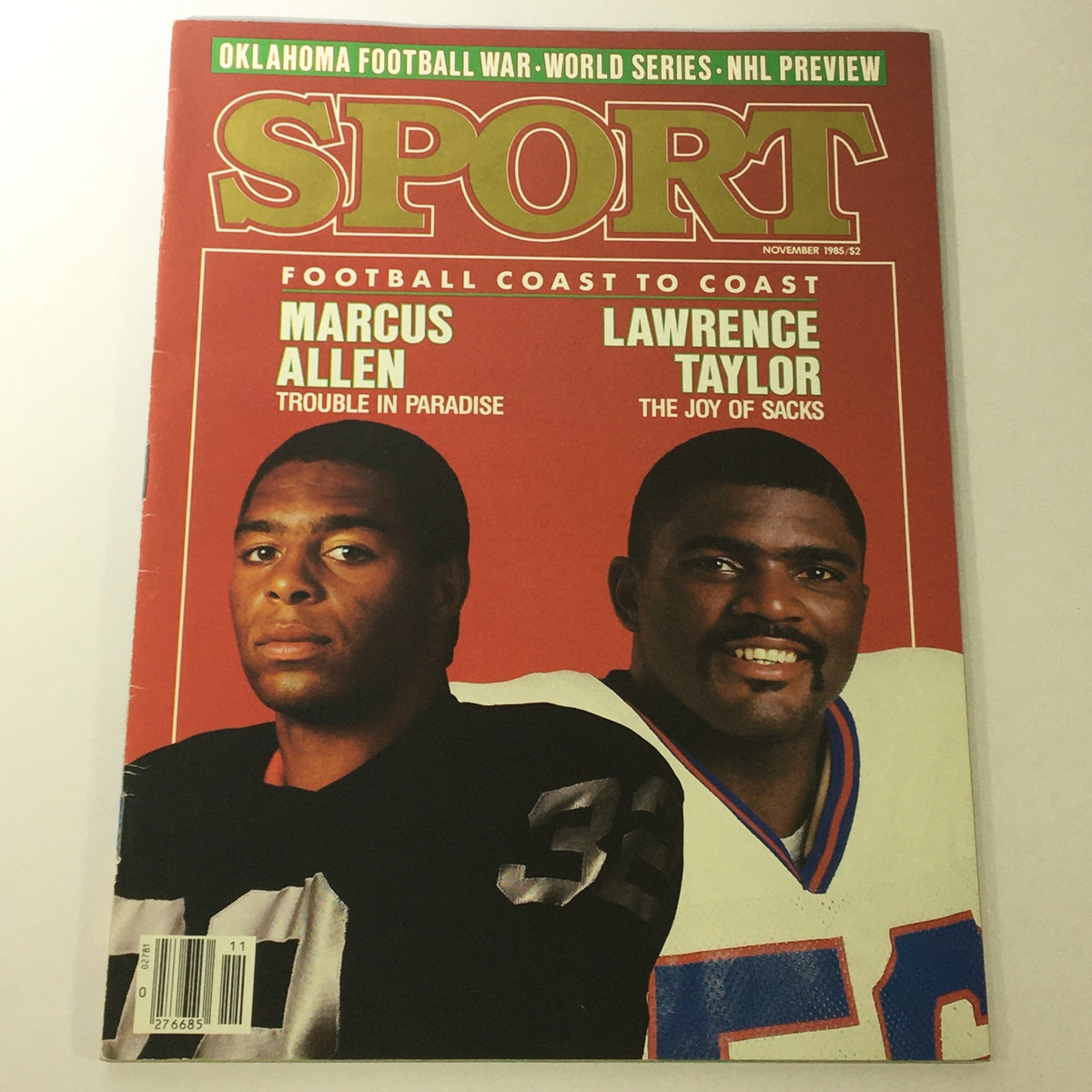 Sport Magazine November 1985 cover featuring NFL stars Marcus Allen and Lawrence Taylor, showcasing football highlights and culture of the era.