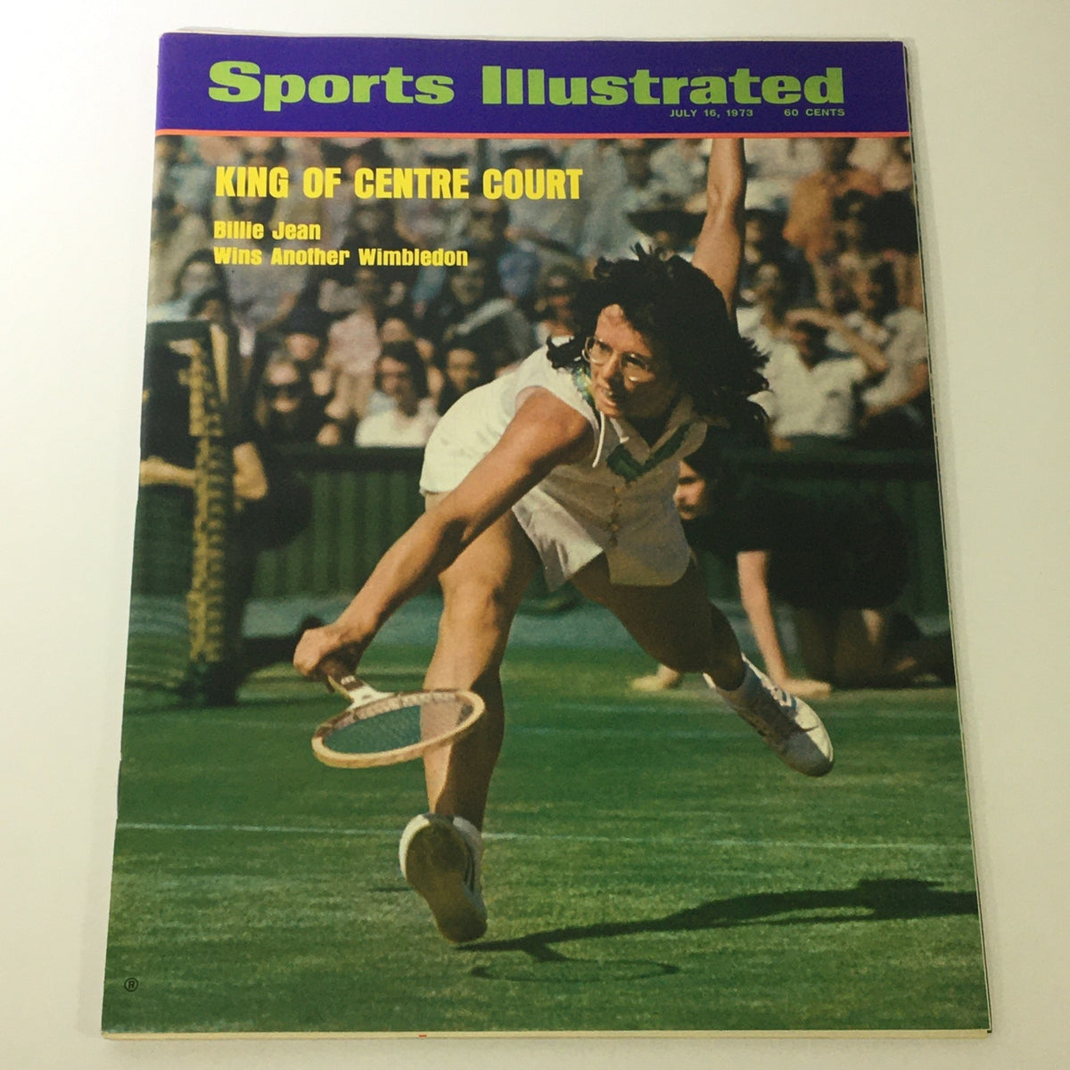 VTG Sports Illustrated Magazine July 16 1973 featuring Billie Jean King at Wimbledon, showcasing her in action during a match on the cover.