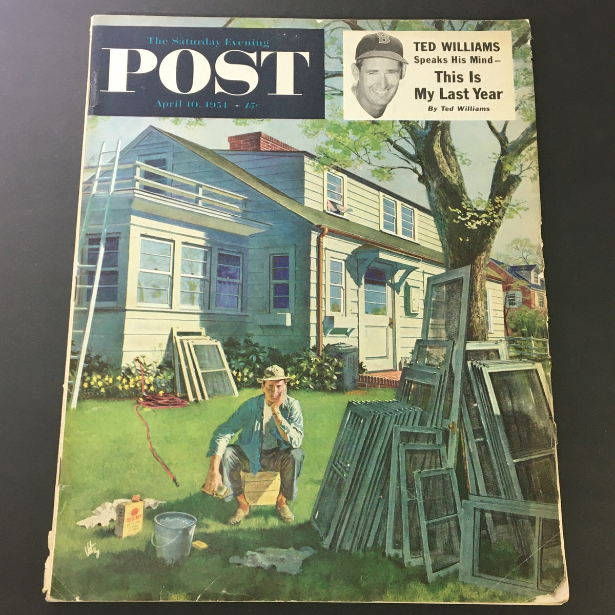 VTG The Saturday Evening Post April 10 1951 edition featuring a picturesque cover illustration, highlighting Ted Williams and showcasing residential activities.