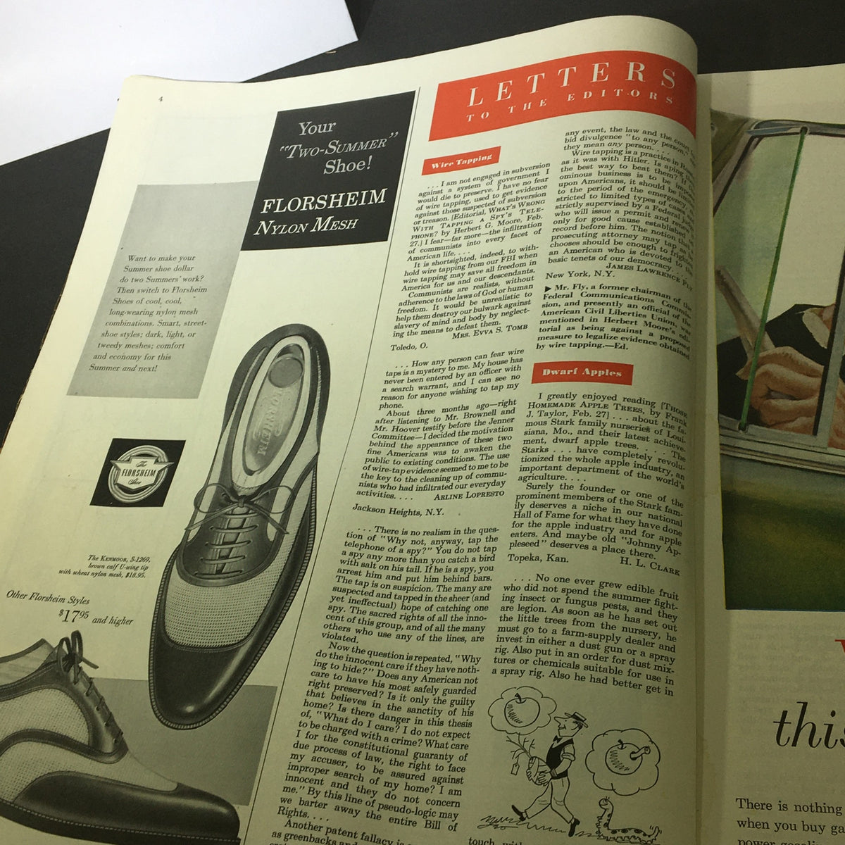 Inside page of VTG The Saturday Evening Post April 10 1951 featuring Florsheim shoe advertisement and letters to the editor.