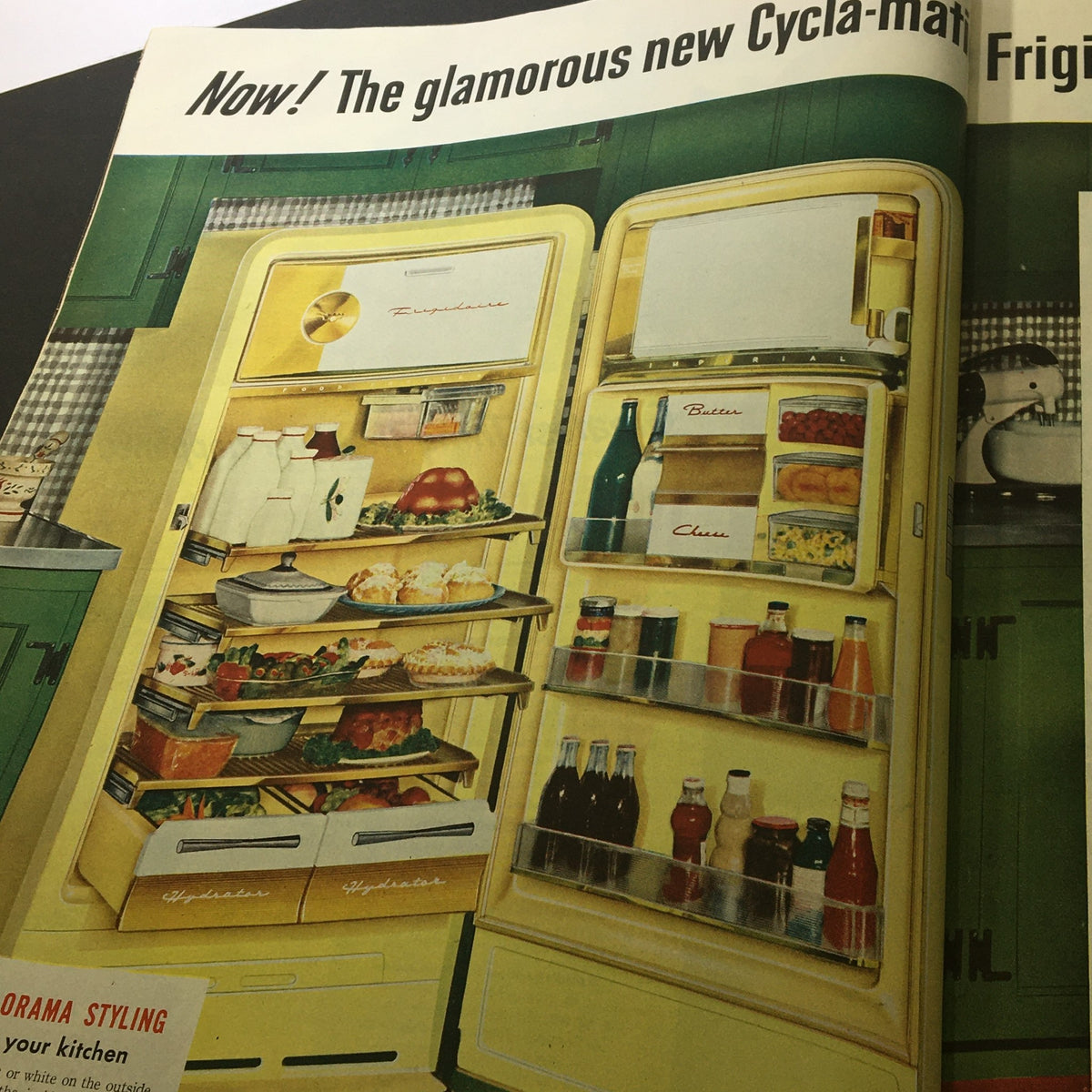 Vintage appliance advertisement from The Saturday Evening Post featuring a Cycla-matic Frigidaire, showcasing its glamorous kitchen styling and storage features.
