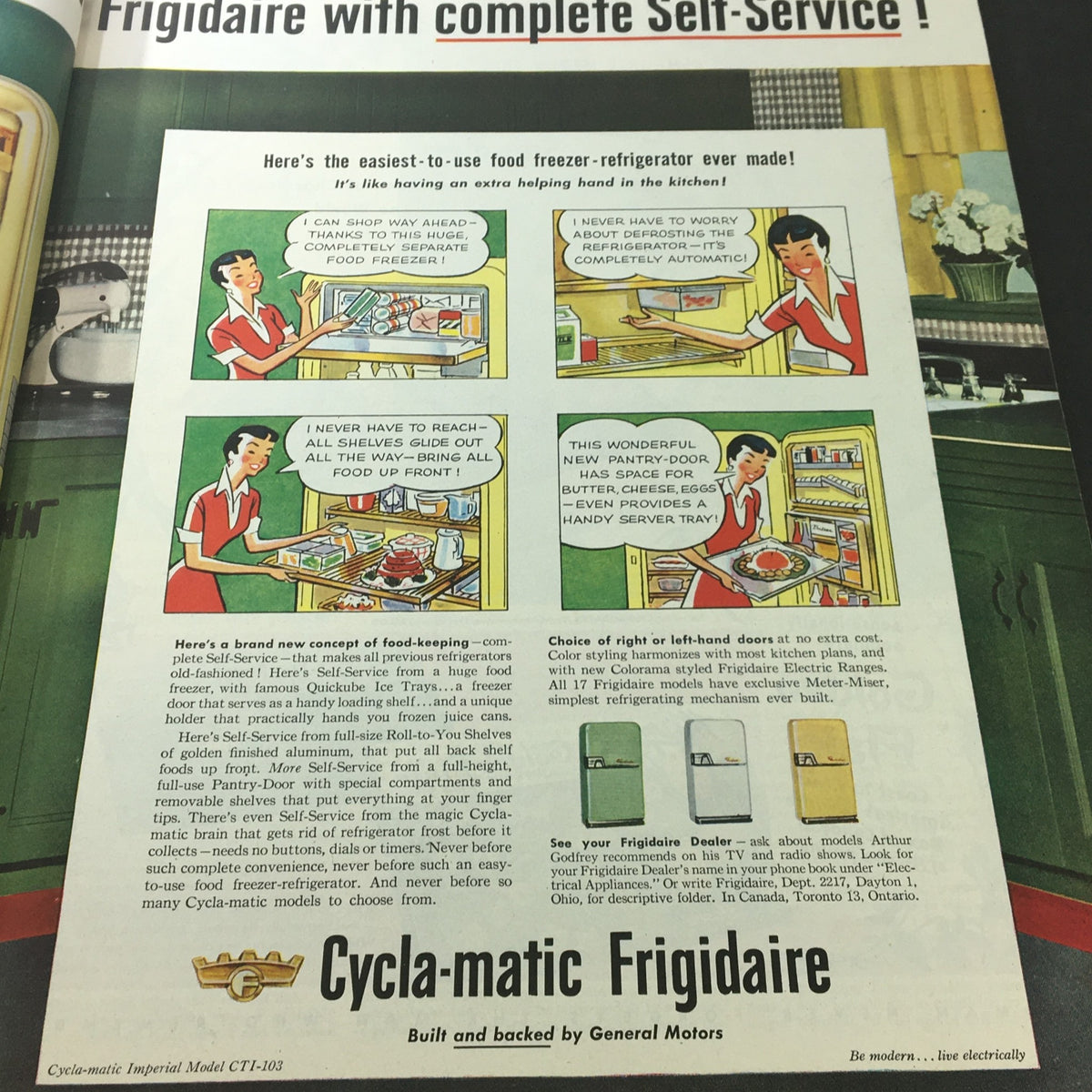 Illustrated advertisement for Cycla-matic Frigidaire from The Saturday Evening Post, highlighting user-friendly features and the innovative self-service concept.