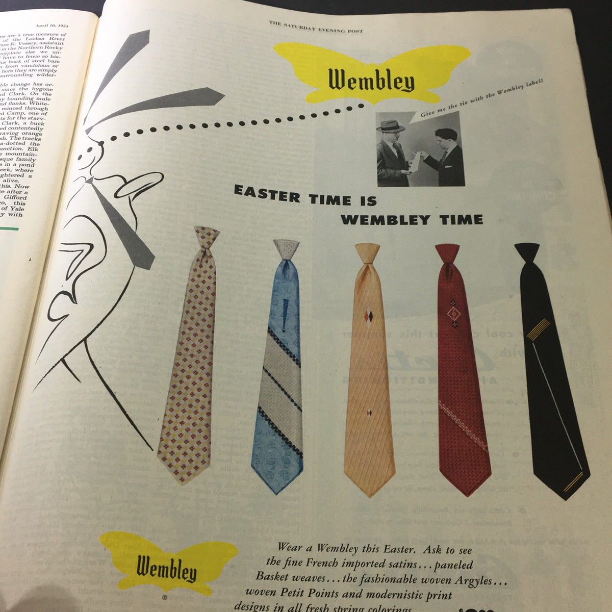 Vintage advertisement for Wembley ties from The Saturday Evening Post April 10, 1951, showcasing a variety of fashionable neckties.