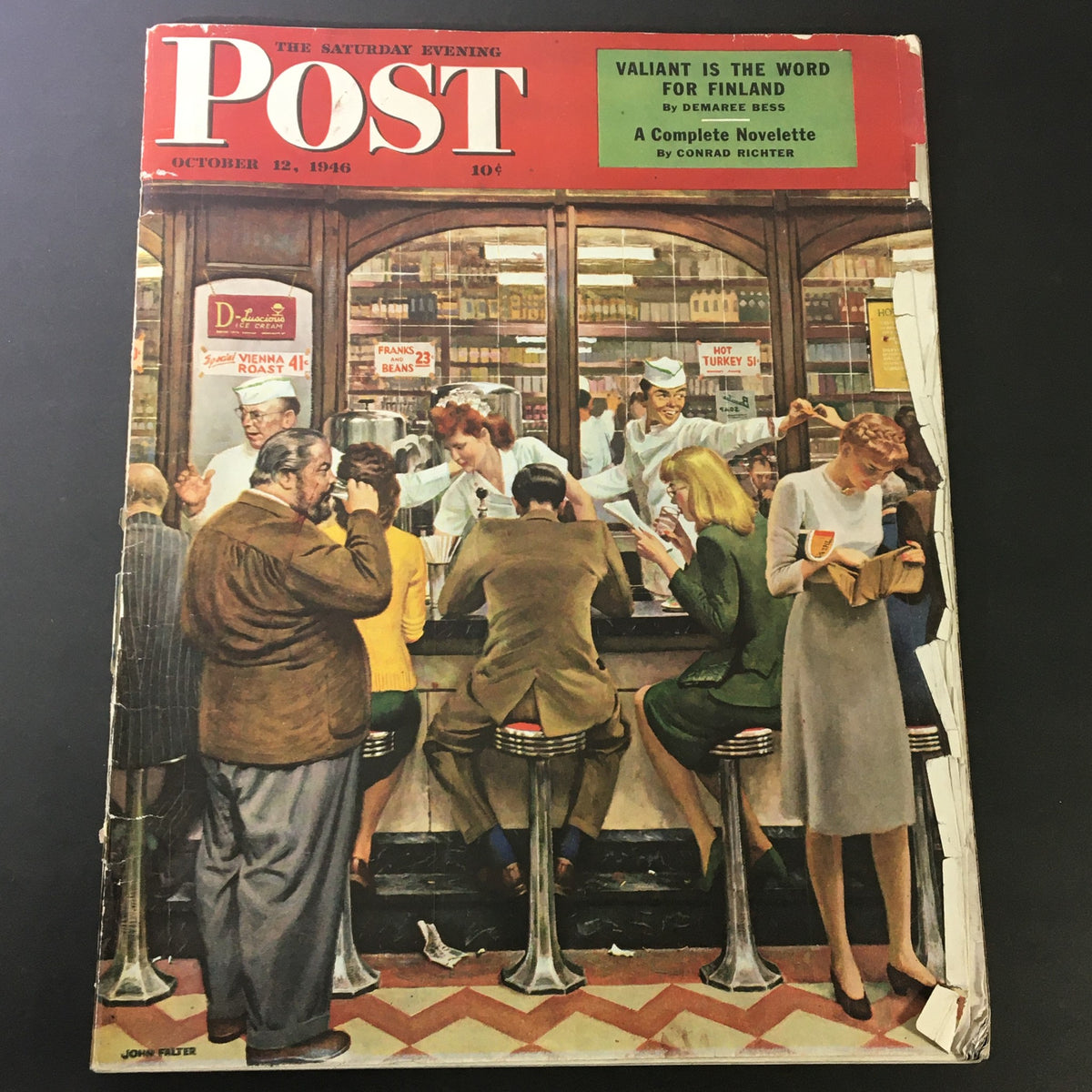 Cover of VTG The Saturday Evening Post October 12 1946 featuring 'Valiant Finland' with patrons at a diner, vibrant artwork depicting post-war American life.