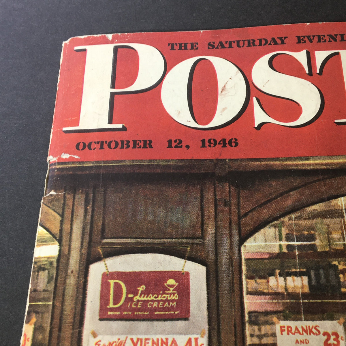Close-up of the cover of VTG The Saturday Evening Post October 12 1946 showing the magazine title and date, highlighting the vintage aesthetic.