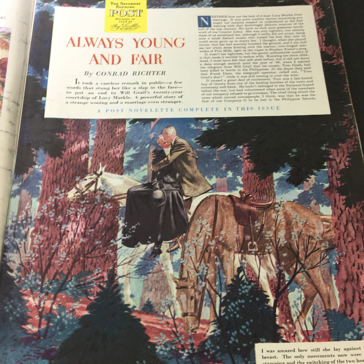 Illustration for 'Always Young and Fair' by Conrad Richter in The Saturday Evening Post October 12, 1946, depicting a romantic scene of a couple on horseback in a vibrant forest setting.