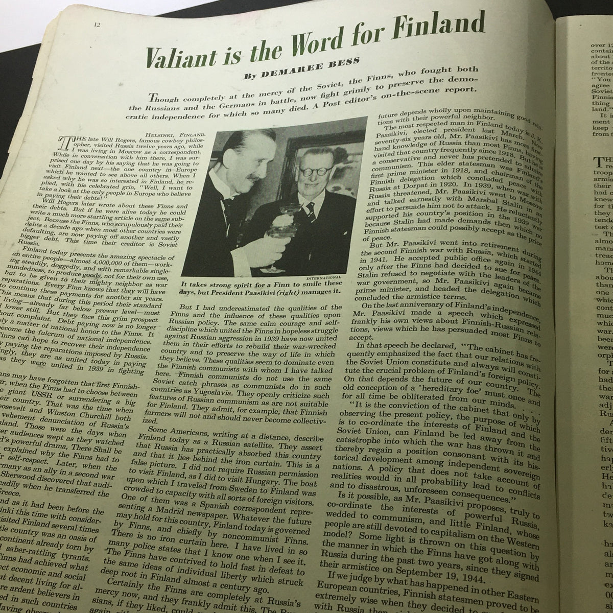 Article titled 'Valiant is the Word for Finland' by Demaree Bess in The Saturday Evening Post October 12, 1946, discussing Finland's resilience during the Cold War with accompanying visuals of political figures.