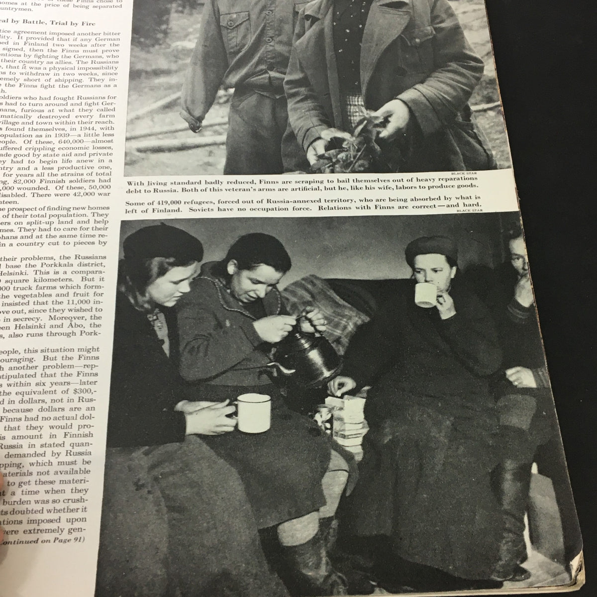 Photo capturing Finnish civilians during the post-war period, featuring individuals preparing food and engaging in community activities, as seen in The Saturday Evening Post October 12, 1946.