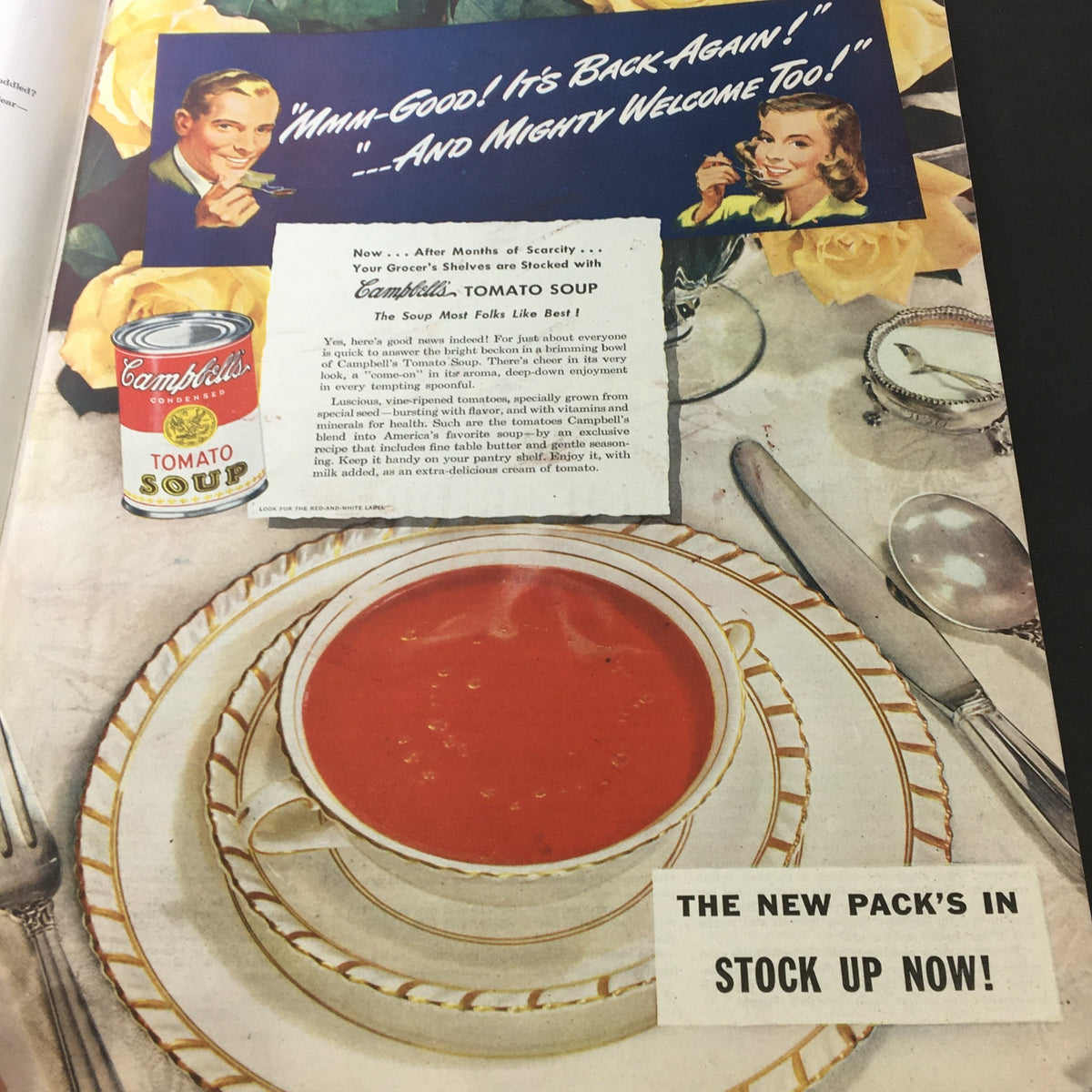 Vintage advertisement for Campbell's Tomato Soup from The Saturday Evening Post October 12 1946 Valiant Finland Word, Newsstand, depicting a bowl of soup with vintage design elements.