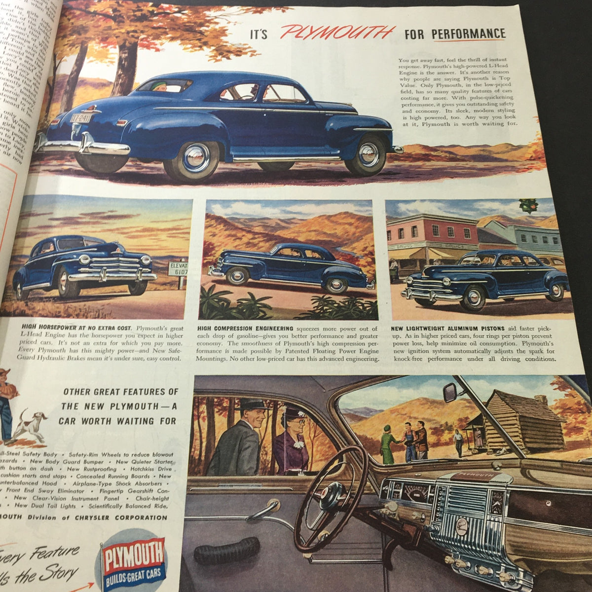 Classic Plymouth car advertisement in The Saturday Evening Post October 12 1946 Valiant Finland Word, Newsstand, showcasing various views of a blue Plymouth car with details on its performance.