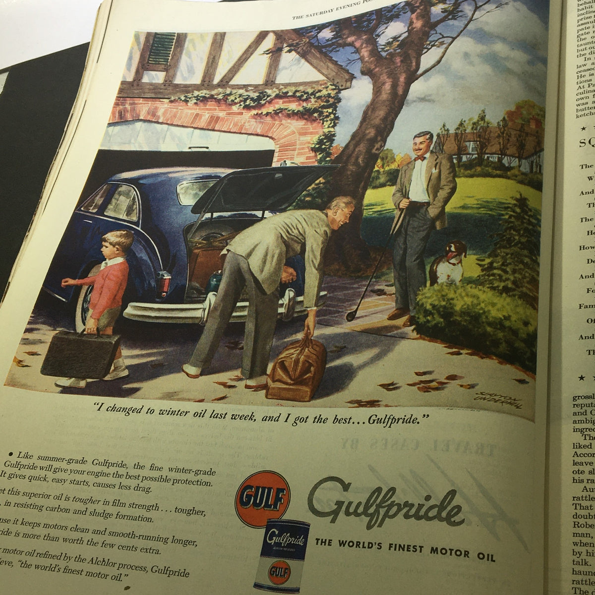 Gulfpride oil advertisement showing a family preparing for travel in The Saturday Evening Post October 12 1946 Valiant Finland Word, Newsstand, with a car and luggage.