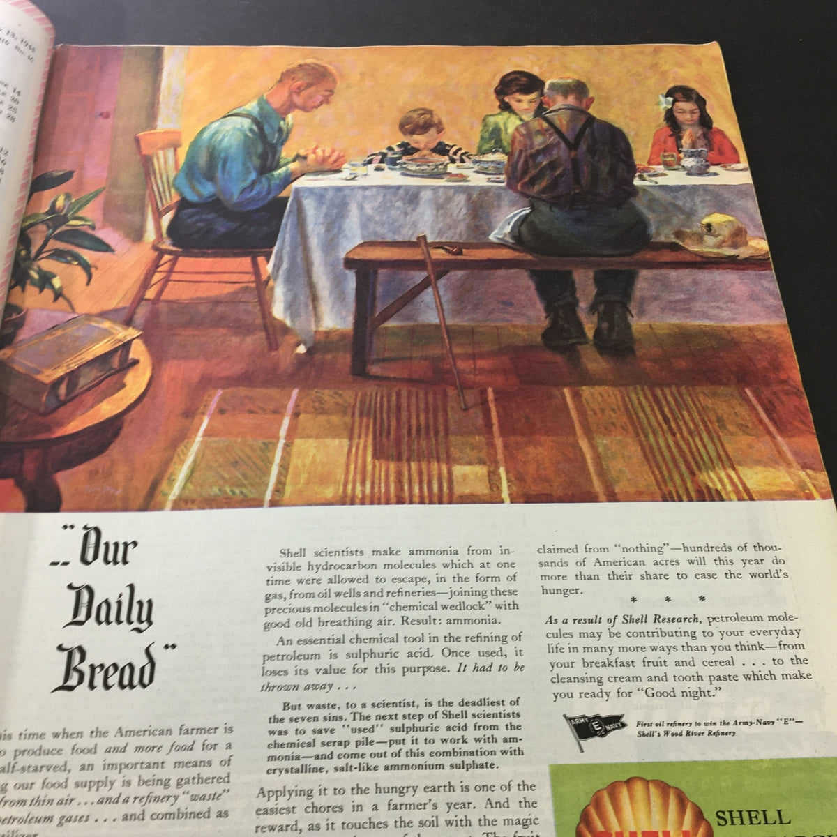 Interior page of VTG The Saturday Evening Post May 13 1944 featuring an advertisement titled 'Our Daily Bread' depicting a family at dinner.