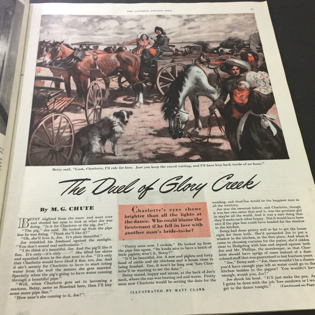 VTG The Saturday Evening Post May 13 1944 featuring 'The Duel of Glory Creek' illustration depicting a rural scene with horses and carriages.