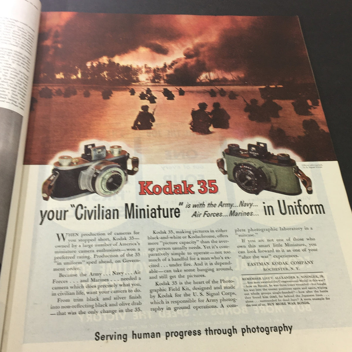 VTG The Saturday Evening Post May 13 1944 advertisement for Kodak 35 cameras with a visual scene of soldiers in uniform and photography.