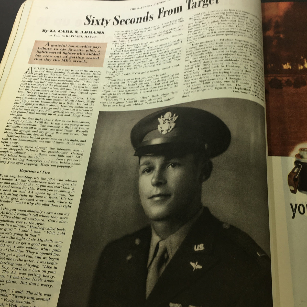 VTG The Saturday Evening Post May 13 1944 highlighting 'Sixty Seconds From Target' with a portrait of a U.S. Army pilot.
