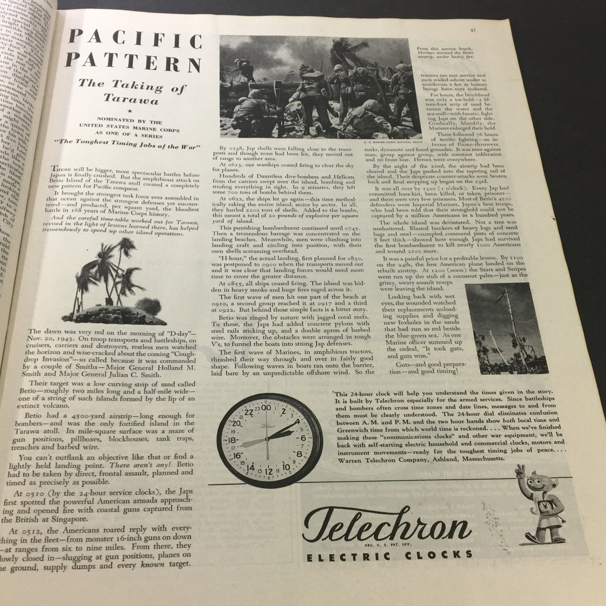 VTG The Saturday Evening Post May 13 1944 article titled 'Pacific Pattern' featuring the Taking of Tarawa alongside military imagery.