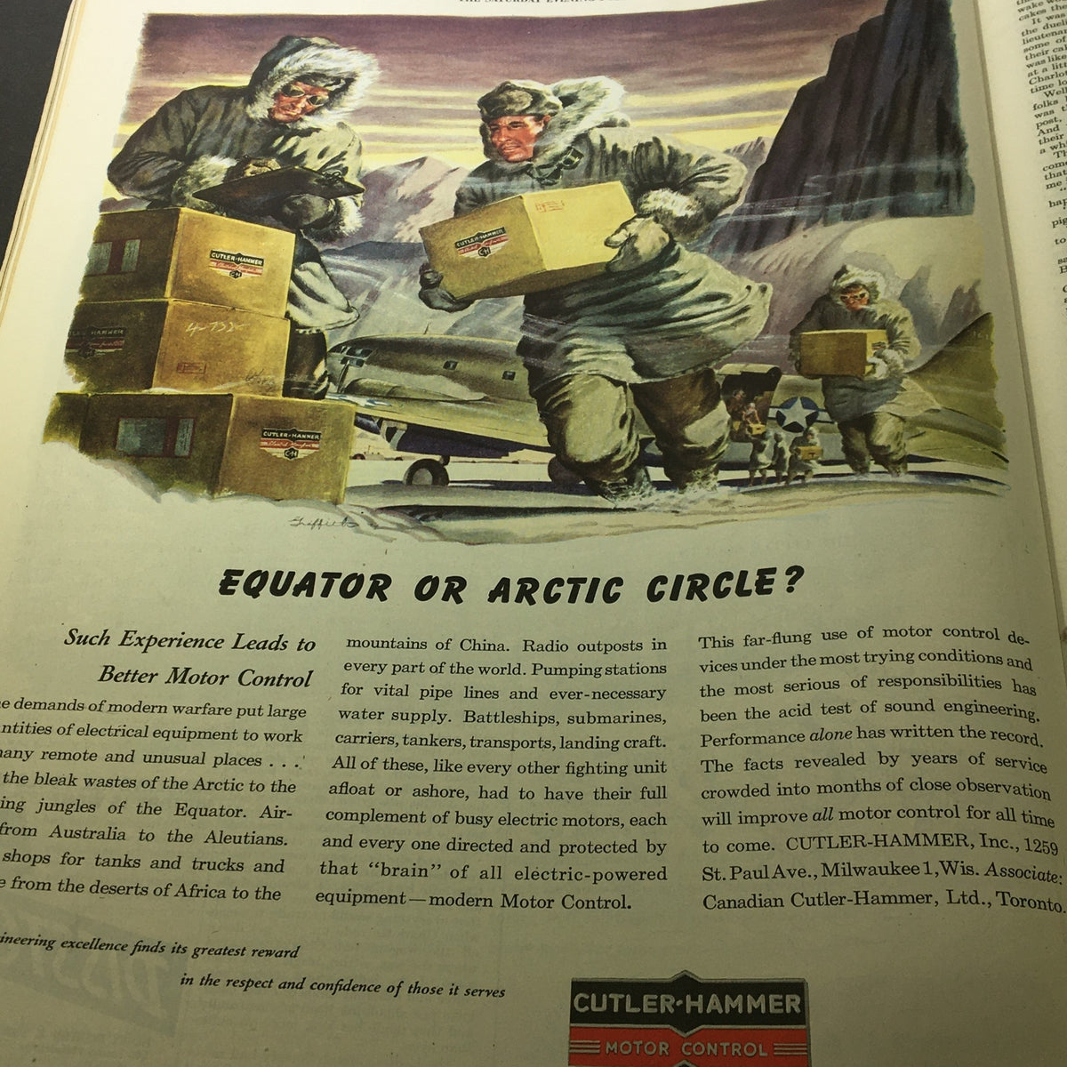 VTG The Saturday Evening Post May 13 1944 features an advertisement depicting two men in winter clothing carrying boxes across a snowy landscape, showcasing the importance of motor control in extreme conditions.